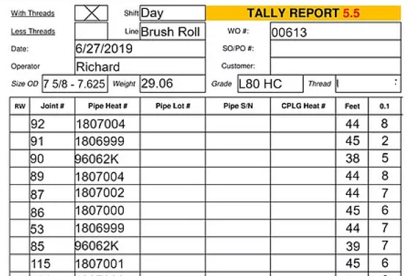 Tally form to measure pipe on the production line